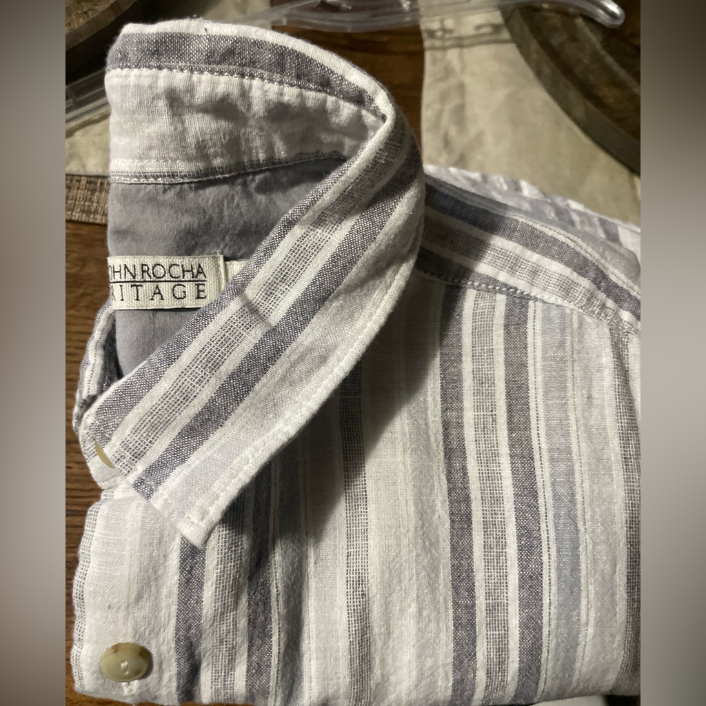 Rjr John Rocha Heritage Gray Stripped Linen Cotton Shirt Short Sleeve Men’s Sz M